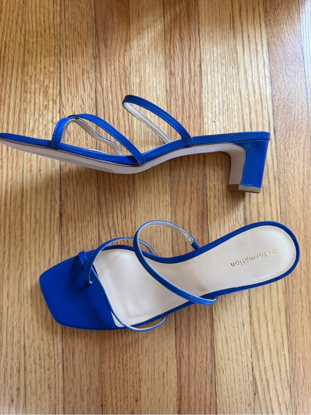 NWT Reformation Ellie Bare Sandal Electric Blue Strappy Square-Toe Mid Heel - Picture 1 of 6